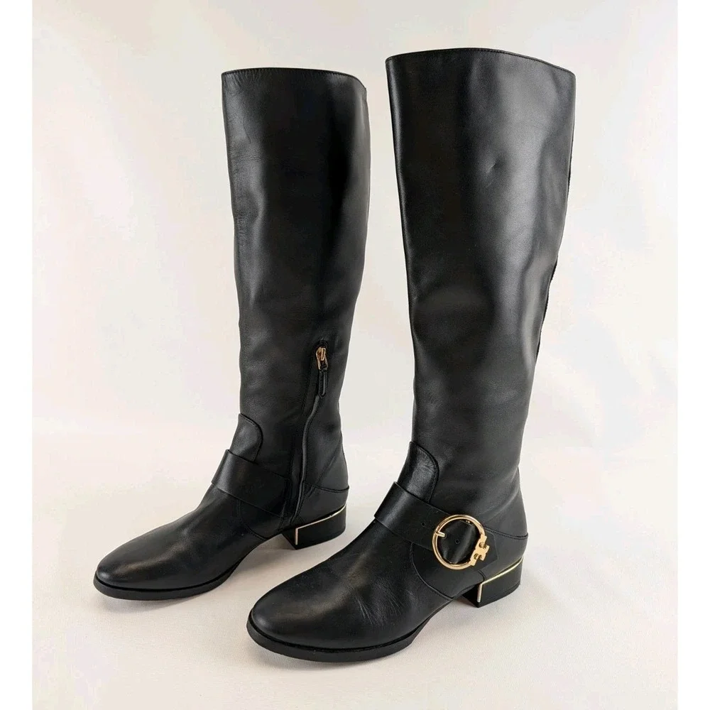 Tory Burch Womens Black Leather Riding Boots Sz 7.5M Gold Logo Buckle Knee High‎